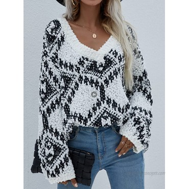 Angashion Womens Sweaters Pullover Oversized Deep V Neck Off Shoulder Tops Long Sleeves Loose Knit Sweater