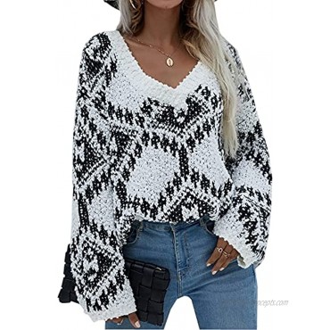 Angashion Womens Sweaters Pullover Oversized Deep V Neck Off Shoulder Tops Long Sleeves Loose Knit Sweater