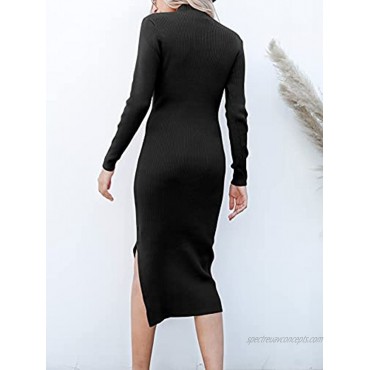 ANRABESS Women's Long Sleeve Ribbed Sweater Dress Turtleneck Slim Fit Slit Midi Dress