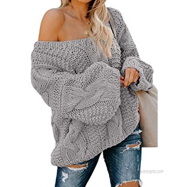 Astylish Womens Sexy Long Sleeve Off Shoulder Loose Cable Knit Pullover Sweater