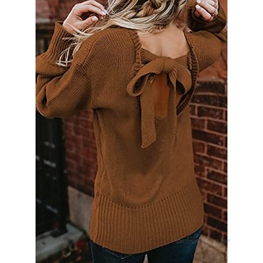 Asvivid Cut Out Backless Crewneck Sweaters for Women Long Sleeve Soft Tie Knot Knit Pullover Casual Loose Jumper Tops