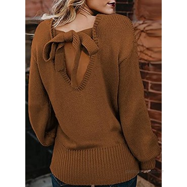 Asvivid Cut Out Backless Crewneck Sweaters for Women Long Sleeve Soft Tie Knot Knit Pullover Casual Loose Jumper Tops
