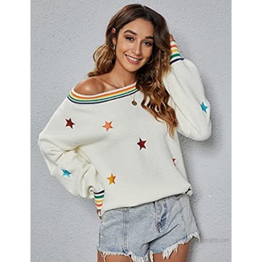Blooming Jelly Womens Star Oversized Sweaters Chunky Off The Shoulder Tops Loose Lantern Sleeve Pullover Knit Jumper Tops