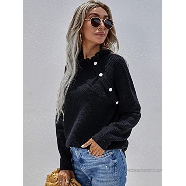 CinShein Women's Sweater Long Sleeve Off Shoulder Casual Crew Neck Knit Button Up Sweaters Tops Loose Pullover Solid Jumper