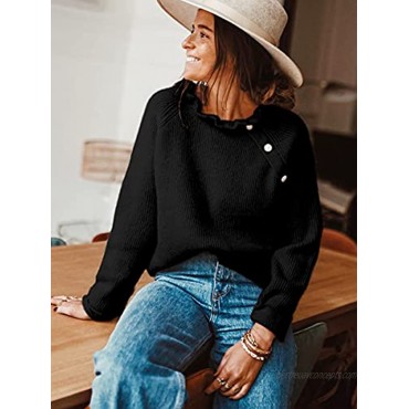 CinShein Women's Sweater Long Sleeve Off Shoulder Casual Crew Neck Knit Button Up Sweaters Tops Loose Pullover Solid Jumper