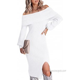 Cutiefox Women's Off The Shoulder Bodycon Sweater Dress Elegant Long Sleeve Ribbed Knit Midi Dress with Slit