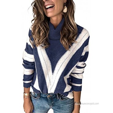 Ecrocoo Women's V Neck Stripe Knitted Chunky Sweaters Button Down Open Front Cardigan Casual Loose Long Sleeve Tops
