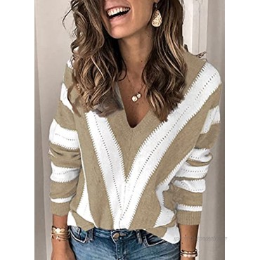Happy Sailed Womens V Neck Long Sleeve Striped Color Block Knitted Pullover Sweaters TopsS-XXL