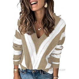 Happy Sailed Womens V Neck Long Sleeve Striped Color Block Knitted Pullover Sweaters TopsS-XXL