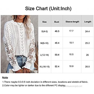 Jollycode Women's Lace Crochet Pullover Sweater Loose Casual Crewneck Long Sleeve Knit Pointelle Tops