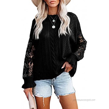 Jollycode Women's Lace Crochet Pullover Sweater Loose Casual Crewneck Long Sleeve Knit Pointelle Tops