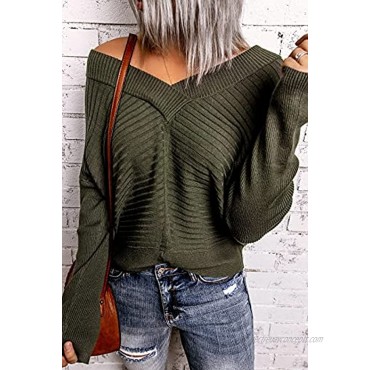 Jollycode Women's Off Shoulder Sweater V Neck Long Sleeve Pullover Loose Ribbed Knit Oversized Jumper Casual Top