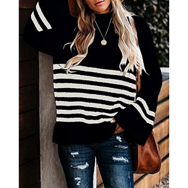 Kaxindeb Womens Mock Neck Pullover Sweaters Oversized Striped Bell Long Sleeve Split Jumper Tops