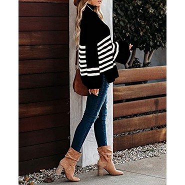 Kaxindeb Womens Mock Neck Pullover Sweaters Oversized Striped Bell Long Sleeve Split Jumper Tops