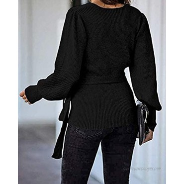 KIRUNDO Women’s 2021 Autumn Winter Wrap V Neck Sweater Top Balloon Sleeves Ribbed Knitted Pullover Tie Front Tunic Top Jumper
