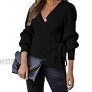 KIRUNDO Women’s 2021 Autumn Winter Wrap V Neck Sweater Top Balloon Sleeves Ribbed Knitted Pullover Tie Front Tunic Top Jumper