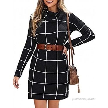 Laigabe Womens Sweater Dresses Winter Turtleneck Long Knitted Grid Pullover