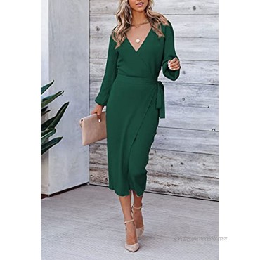 Linsery Women's Wrap V Neck Long Sleeve Belted Sweater Ribbed Knit Midi Dress
