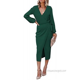 Linsery Women's Wrap V Neck Long Sleeve Belted Sweater Ribbed Knit Midi Dress