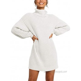 LOGENE Women's Sweater Dress Turtleneck Long Balloon Sleeve Ribbed Knit Oversized Pullover Dresses