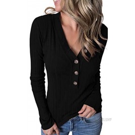 MEROKEETY Women's Long Sleeve V Neck Ribbed Button Knit Sweater Solid Color Tops