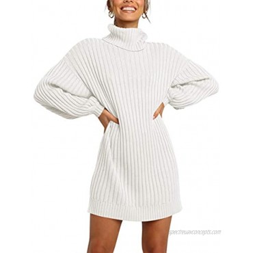 MILLCHIC Women Turtleneck Long Lantern Sleeve Sweater Dress Winter Casual Loose Knit Oversized Pullover Dresses