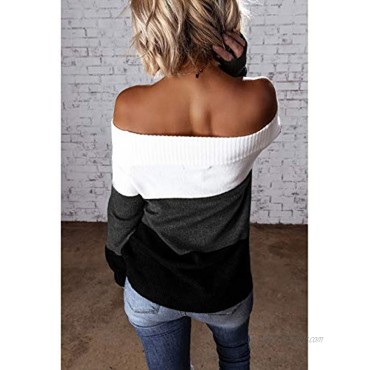 Pink Queen Women Off Shoulder Sweater Long Sleeve Striped Color Block Casual Knit Pullover Top