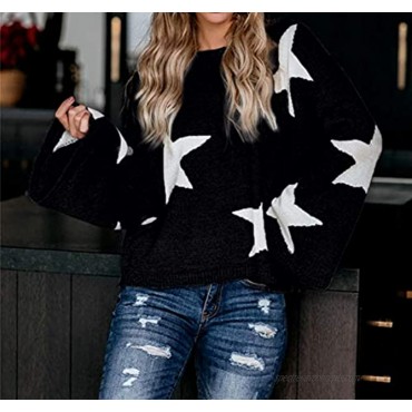 PRETTYGARDEN Women’s Winter V Neck Lantern Long Sleeve Star Color-Block Split Knit Sweater Pullover Tops