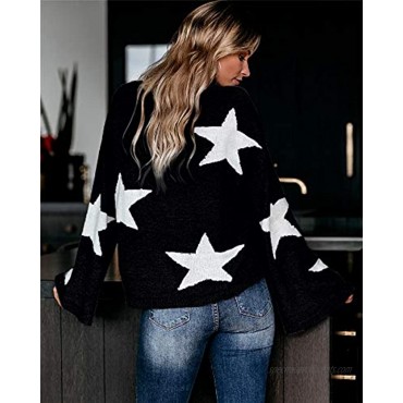PRETTYGARDEN Women’s Winter V Neck Lantern Long Sleeve Star Color-Block Split Knit Sweater Pullover Tops