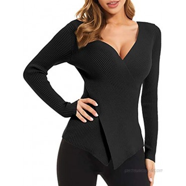 QUALFORT Women's Sexy V-Neck Sweater Casual Knit Wrap Sweaters