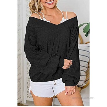 ReachMe Women's Oversized Off Shoulder Pullover Tops Long Sleeve Loose Fit Waffle Knit Tops