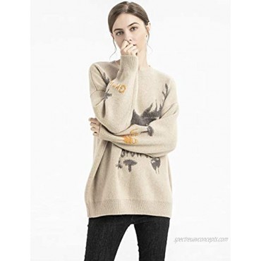 SAFPTIOUS Women's 100% Pure Cashmere Christmas Reindeer Holiday Oversize Thick Crew-Neck Pullover Sweater
