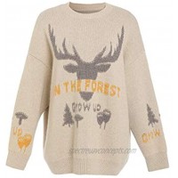 SAFPTIOUS Women's 100% Pure Cashmere Christmas Reindeer Holiday Oversize Thick Crew-Neck Pullover Sweater