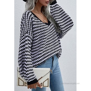 Simplee Women's Oversized V Neck Striped Chunky Knit Sweater Color Block Loose Long Lantern Sleeve Pullover Jumper Tops