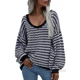 Simplee Women's Oversized V Neck Striped Chunky Knit Sweater Color Block Loose Long Lantern Sleeve Pullover Jumper Tops
