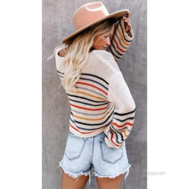 Sixmomy Womens Fall Striped Sweater Lightweight Oversized Crew Neck Pullover Sweaters Tops