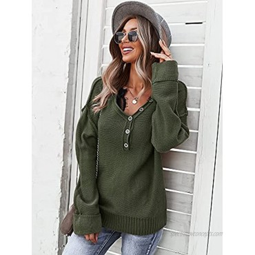 Srubo Women's Long Sleeve V Neck Button Knit Sweater Solid Color Ribbed Hem Pullover Tops Casual Loose Jumper Blouses