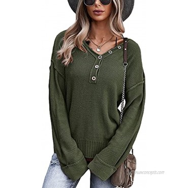 Srubo Women's Long Sleeve V Neck Button Knit Sweater Solid Color Ribbed Hem Pullover Tops Casual Loose Jumper Blouses