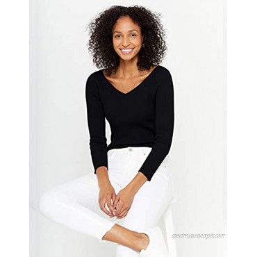 State Cashmere Women's 100% Pure 2-Ply Cashmere Easy V-Neck Sweater Ribbed Long Sleeve Pullover