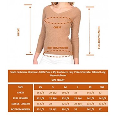 State Cashmere Women's 100% Pure 2-Ply Cashmere Easy V-Neck Sweater Ribbed Long Sleeve Pullover