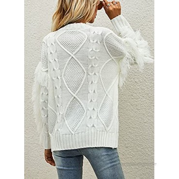 Theenkoln Women’s Sweaters Casual Crew Neck Cable Knit Solid Long Sleeve Fringe Pullover Sweater Tops