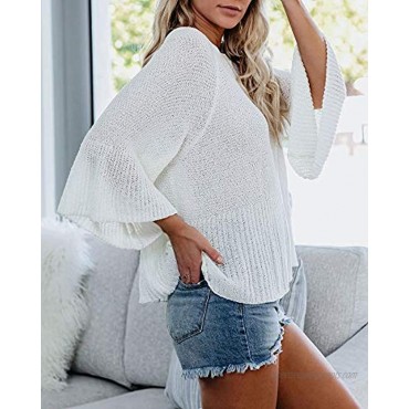 Tutorutor Women's Bell Sleeve Ruffle Pullover Sweater Tops Lightweight Loose Fit Knitted Fall Flowy Blouse Shirts