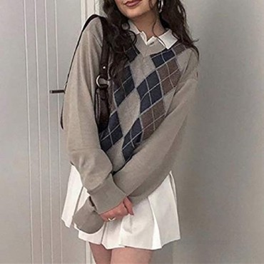 Women Argyle Plaid Sweater Pullover Long Sleeve Preppy England Style Y2K E-Girl Autumn Winter Sweater Top