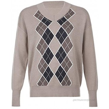 Women Argyle Plaid Sweater Pullover Long Sleeve Preppy England Style Y2K E-Girl Autumn Winter Sweater Top