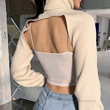 Women Sexy Knit Arm Warmers with Turtleneck-High Collar and Long Puff Sleeve Top