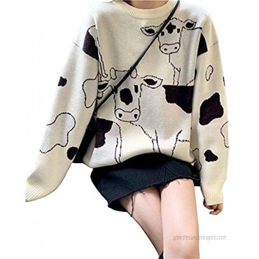 Women's Cow Print Knit Sweater Casual Pullover Sweater Knit Tops for Winter