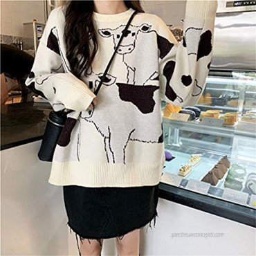 Women's Cow Print Knit Sweater Casual Pullover Sweater Knit Tops for Winter