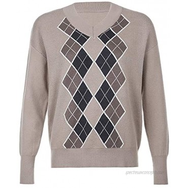Womens Girls Sweater Y2K Argyle Preppy Knit Sweater Tops Color Block Pullover Sweater Streetwear Outwear