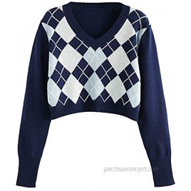 ZAFUL Women's Long Sleeve V-Neck Argyle Knitted Crop Sweater Pullover Tops