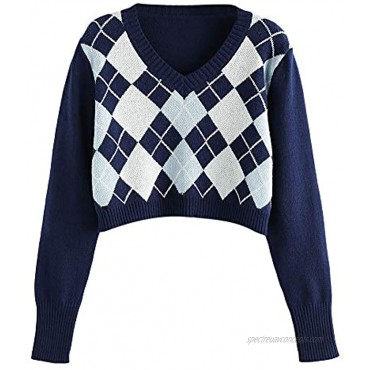 ZAFUL Women's Long Sleeve V-Neck Argyle Knitted Crop Sweater Pullover Tops